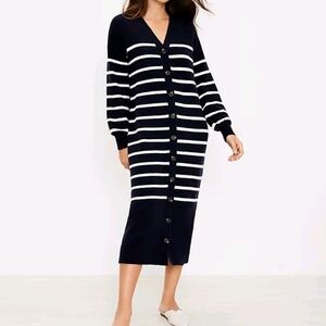 LOFT Navy and White Striped Midi Dress
